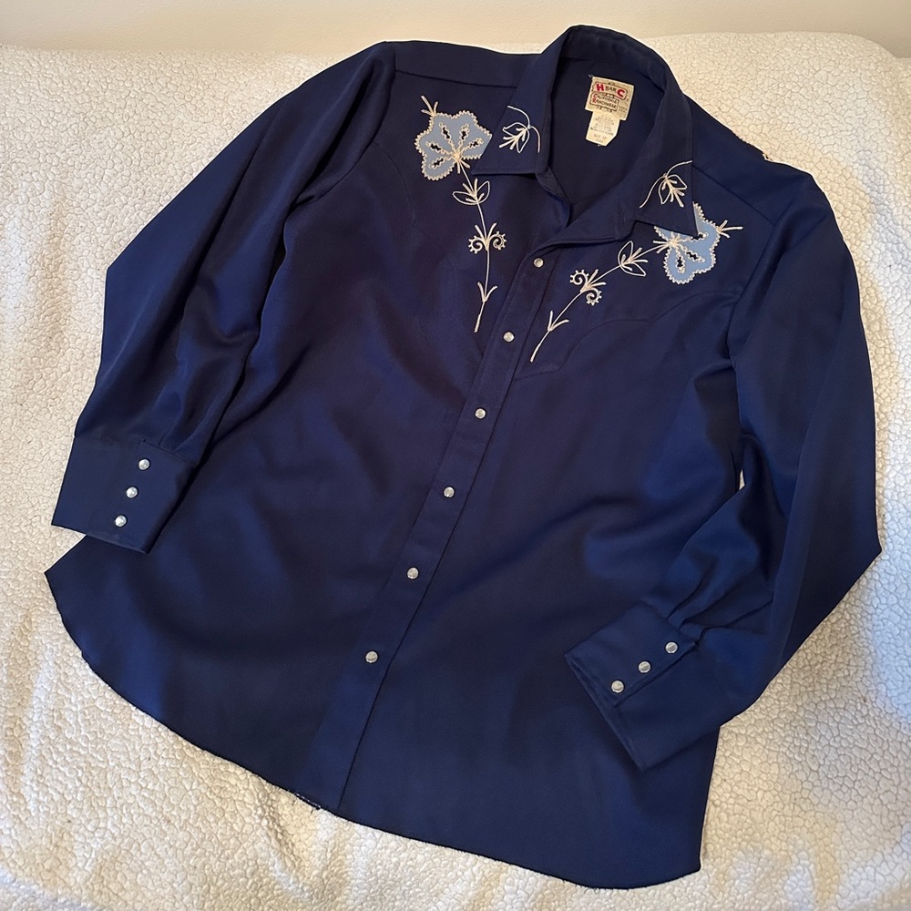 VINTAGE Men's Navy Western-Style Embroidered Button-Down Shirt